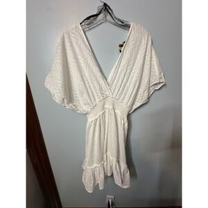 Spiaggia Dolce White Jacquard Boho Mini Dress XL Smocked Waist V-Neck Tie Back